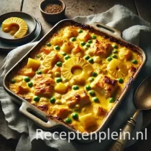 Kip kerrie ovenschotel op rustieke houten tafel