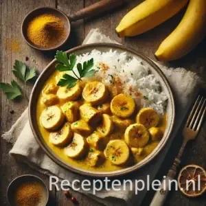 Kip-kerrieschotel met banaan op rustieke houten tafel
