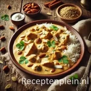 Kip korma op rustieke houten tafel