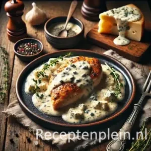 Kip met Gorgonzolasaus op rustieke houten tafel