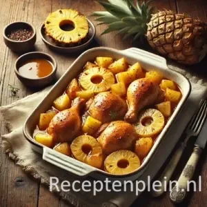 Kip met ananas op traditionele wijze op rustieke houten tafel