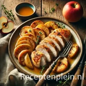 Kip met appel en banaan op rustieke houten tafel