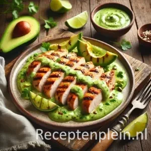 Kip met avocadosaus op rustieke houten tafel