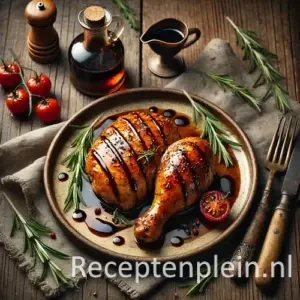 Kip met balsamico op rustieke houten tafel