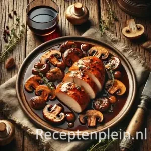 Kip met champignon portsaus op rustieke houten tafel