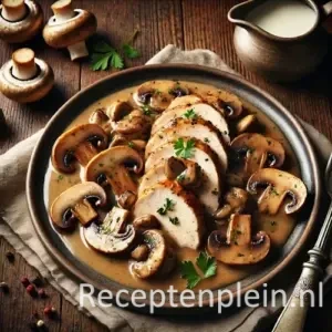 Kip met champignonsaus op rustieke houten tafel