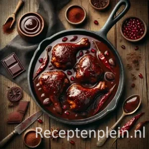 Kip met chocoladesaus op rustieke houten tafel