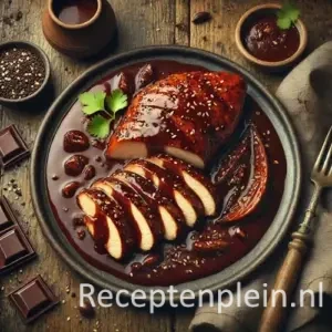 Kip met chocoladesaus op rustieke houten tafel