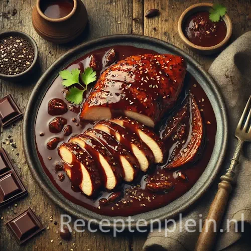 Kip met chocoladesaus op rustieke houten tafel