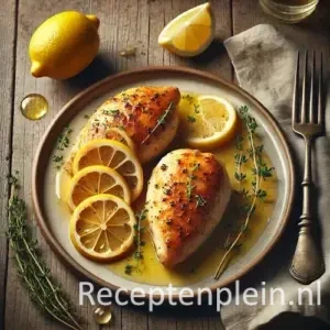 Chicken with lemon on rustic wooden table