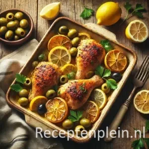 Chicken with lemon and olives on rustic wooden table