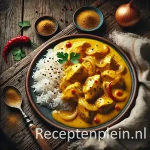 Kip met currysaus op rustieke houten tafel