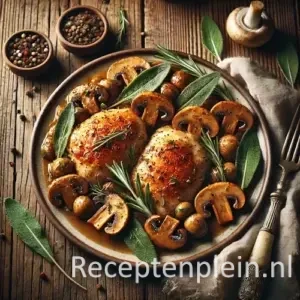 Kip met druiven en zilveruitjes op rustieke houten tafel