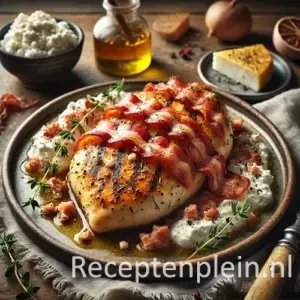 Kip met geitenkaas en bacon op rustieke houten tafel
