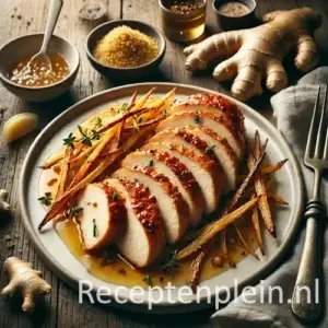 Kip met gember op rustieke houten tafel