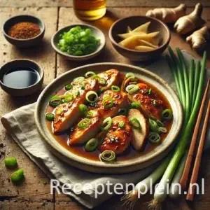 Kip met gember en lente uitjes op rustieke houten tafel