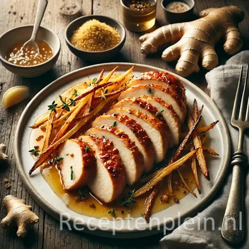 Kip met gember op rustieke houten tafel
