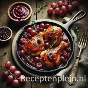 Kip met gepureerde druiven op rustieke houten tafel