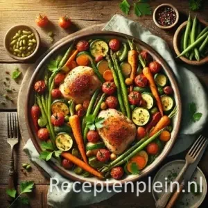 Kip met groenten op rustieke houten tafel