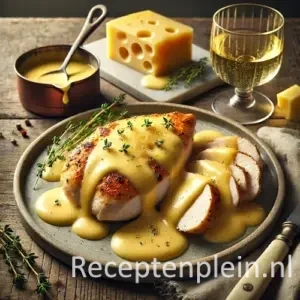 Kip met Gruyèrekaassaus op rustieke houten tafel