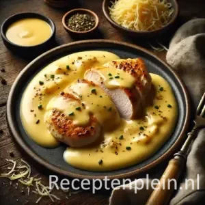 Kip met kaassaus op rustieke houten tafel