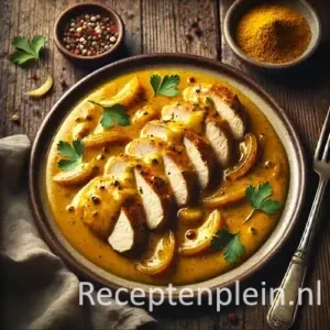 Kip met kerriesaus op rustieke houten tafel