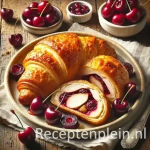 Kip met kersen in croissantdeeg op rustieke houten tafel