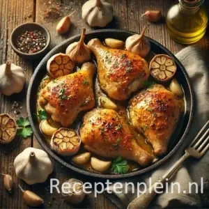 Kip met knoflook op rustieke houten tafel