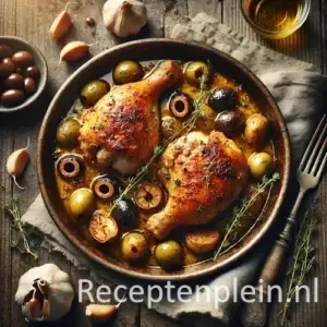 Kip met knoflook en olijven op rustieke houten tafel