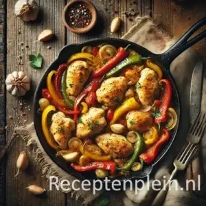 Kip met knoflook en paprika's op rustieke houten tafel