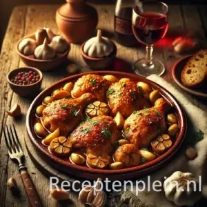 Kip met knoflook op Spaanse wijze op rustieke houten tafel