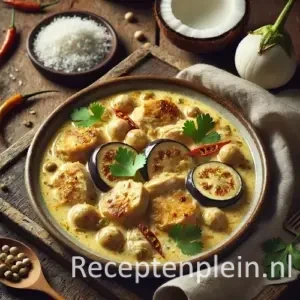 Kip met kokos en witte mini-aubergine op rustieke houten tafel