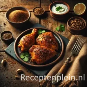 Kip met komijn op rustieke houten tafel