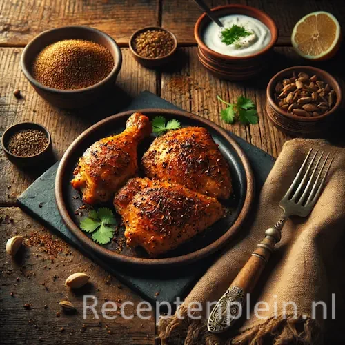 Kip met komijn op rustieke houten tafel