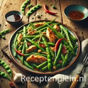Kip met kouseband op rustieke houten tafel