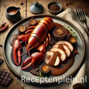 Kip met kreeft en chocolade op rustieke houten tafel