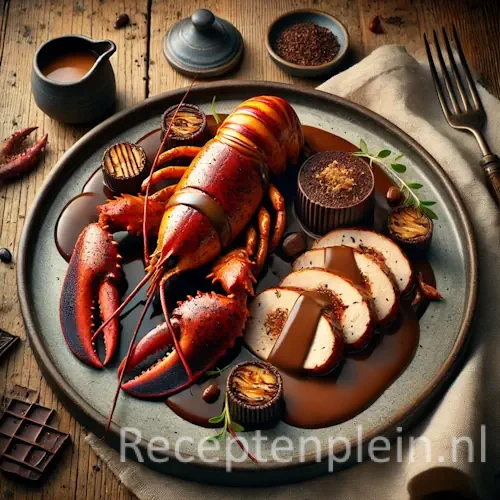 Kip met kreeft en chocolade op rustieke houten tafel