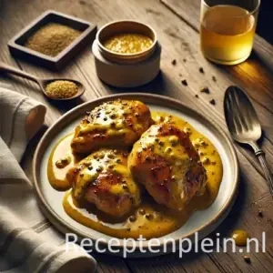 Kip met mosterd op rustieke houten tafel