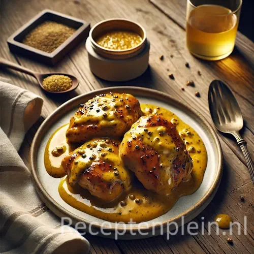 Kip met mosterd op rustieke houten tafel