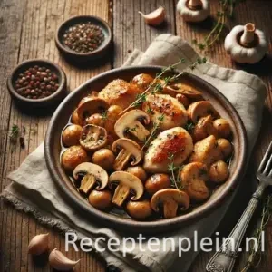 Kip met oesterzwammen op rustieke houten tafel