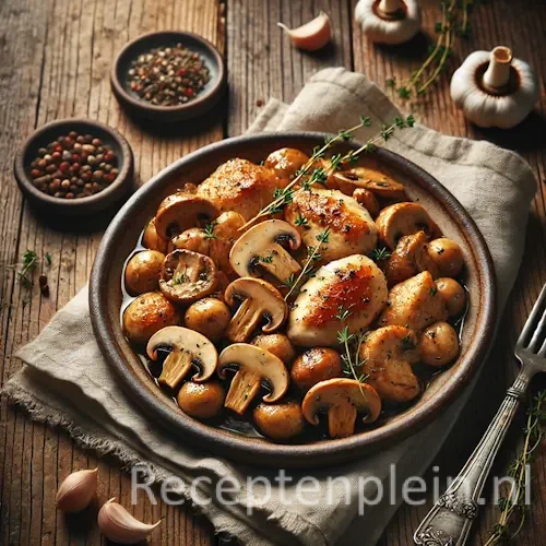 Kip met oesterzwammen op rustieke houten tafel