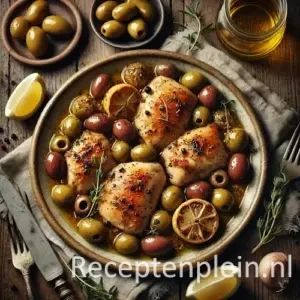 Kip met olijven en citroen in saus op rustieke houten tafel.