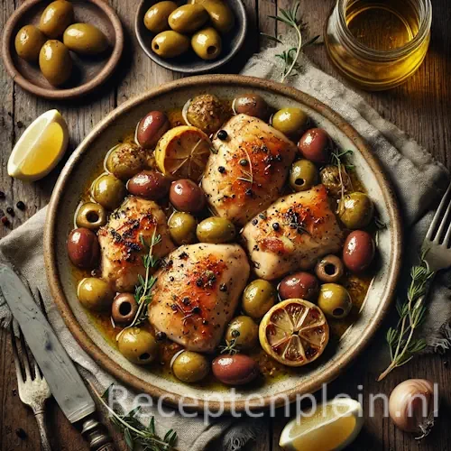 Kip met olijven en citroen in saus op rustieke houten tafel.