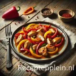 Kip met paprika en saus op rustieke houten tafel.