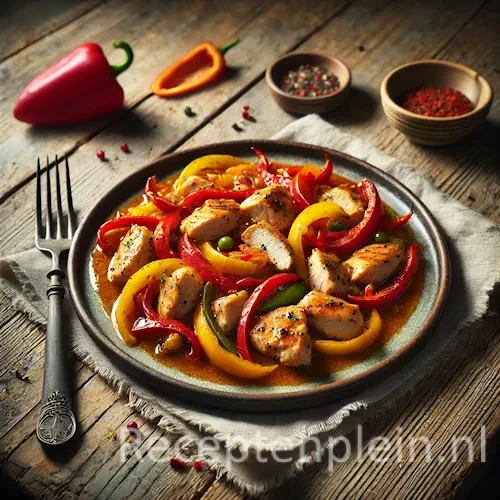 Kip met paprika en saus op rustieke houten tafel.