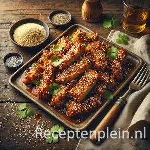Kip met pittige pindasaus op rustieke houten tafel