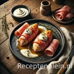 Kip met rauwe ham en slagroom op rustieke houten tafel