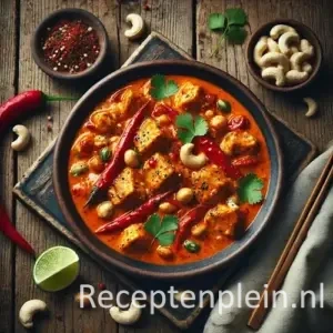 Kip met rode currypasta en cashewnoten op rustieke houten tafel