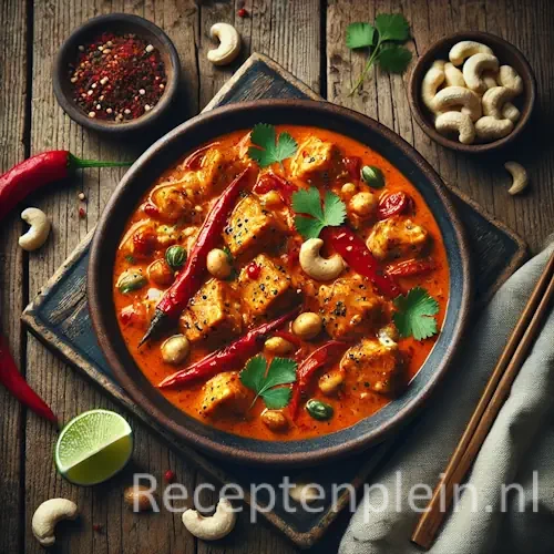 Kip met rode currypasta en cashewnoten op rustieke houten tafel