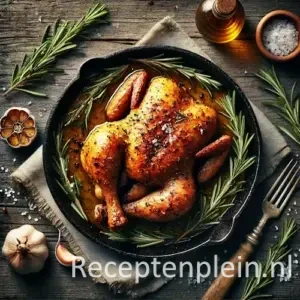 Kip met rozemarijn op rustieke houten tafel